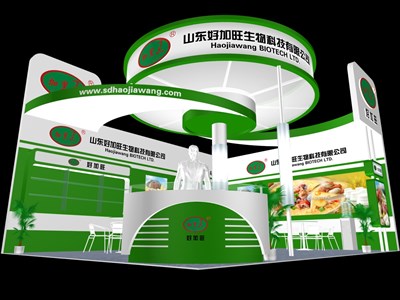 48平米展臺設計制作：二面開口/現(xiàn)代/木質結構/綠色，為食品展展商而作（免費使用）
