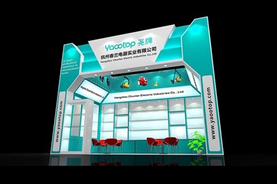 18平米展臺設計制作：一面開口/現(xiàn)代/木質(zhì)結(jié)構(gòu)/綠色，為家電展展商而作（免費使用）