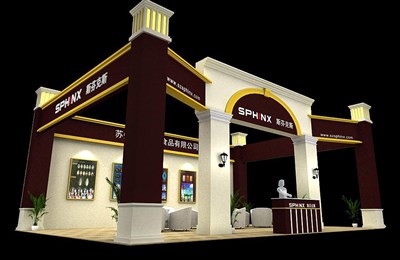 70平米展臺(tái)設(shè)計(jì)制作：三面開口/歐式/木質(zhì)結(jié)構(gòu)/米色，為食品展展商而作（免費(fèi)使用）