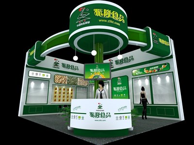 48平米展臺設計制作：二面開口/現(xiàn)代/木質結構/綠色，為食品展展商而作（免費使用）