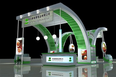 60平米展臺設(shè)計(jì)制作：四面開口/前衛(wèi)/木質(zhì)結(jié)構(gòu)/綠色，為食品展展商而作（免費(fèi)使用）