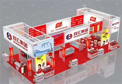 200平米展臺設計制作：四面開口/現(xiàn)代/木質結構/紅色，為食品展展商而作（免費使用）