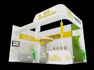40平米展臺設計制作：二面開口/現(xiàn)代/木質結構/白色，為食品展展商而作（免費使用）