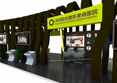 60平米展臺設(shè)計制作：四面開口/現(xiàn)代/木質(zhì)結(jié)構(gòu)/咖啡色，為美博會展商而作（免費使用）
