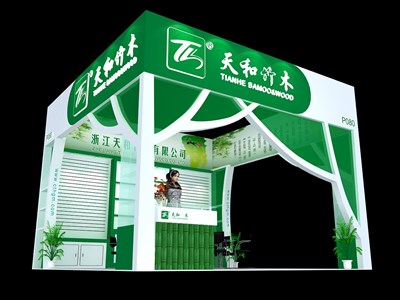 36平米展臺設(shè)計制作：三面開口/現(xiàn)代/木質(zhì)結(jié)構(gòu)/綠色，為食品展展商而作（免費使用）