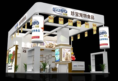 77平米展臺設(shè)計(jì)制作：三面開口/現(xiàn)代/木質(zhì)結(jié)構(gòu)/白色，為食品展展商而作（免費(fèi)使用）