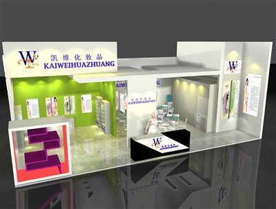 72平米展臺設計制作：二面開口/現(xiàn)代/木質(zhì)結構/彩色，為美博會展商而作（免費使用）