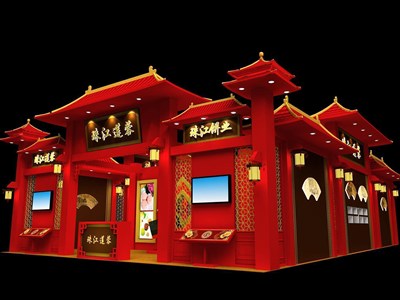 117平米展臺(tái)設(shè)計(jì)制作：二面開口/中式/木質(zhì)結(jié)構(gòu)/紅色，為食品展展商而作（免費(fèi)使用）