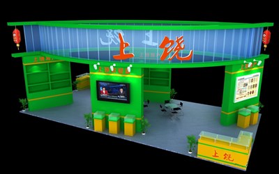 72平米展臺設計制作：四面開口/現(xiàn)代/木質(zhì)結(jié)構(gòu)/綠色，為食品展展商而作（免費使用）