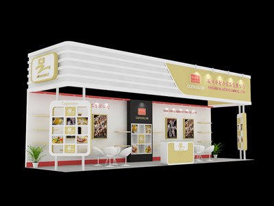 36平米展臺設(shè)計制作：三面開口/現(xiàn)代/木質(zhì)結(jié)構(gòu)/米色，為食品展展商而作（免費使用）