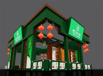108平米展臺設計制作：四面開口/中式/木質(zhì)結(jié)構(gòu)/綠色，為食品展展商而作（免費使用）