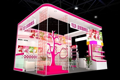24平米展臺(tái)設(shè)計(jì)制作：三面開口/現(xiàn)代/木質(zhì)結(jié)構(gòu)/粉色，為食品展展商而作（免費(fèi)使用）