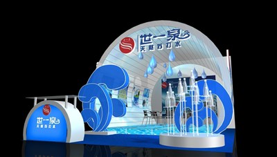 45平米展臺設(shè)計制作：二面開口/現(xiàn)代/木質(zhì)結(jié)構(gòu)/藍色，為食品展展商而作（免費使用）