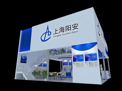 90平米展臺(tái)設(shè)計(jì)制作：四面開口/前衛(wèi)/雙層結(jié)構(gòu)/藍(lán)色，為安防展展商而作（免費(fèi)使用）