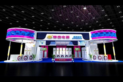 312平米展臺設(shè)計制作：四面開口/現(xiàn)代/木質(zhì)結(jié)構(gòu)/彩色，為家電展展商而作（免費使用）
