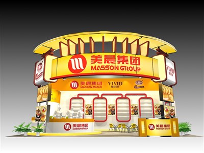 60平米展臺設(shè)計制作：三面開口/現(xiàn)代/木質(zhì)結(jié)構(gòu)/黃色，為食品展展商而作（免費使用）