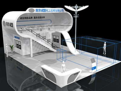 108平米展臺設(shè)計(jì)制作：三面開口/現(xiàn)代/雙層結(jié)構(gòu)/白色，為汽配展展商而作（免費(fèi)使用）