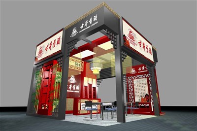 36平米展臺設(shè)計制作：三面開口/中式/木質(zhì)結(jié)構(gòu)/灰色，為糖酒展展商而作（免費使用）