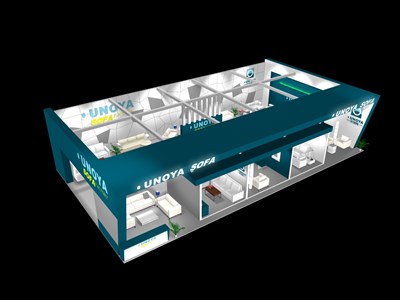 90平米展臺設(shè)計(jì)制作：二面開口/現(xiàn)代/型材結(jié)構(gòu)/藍(lán)色，為家具展展商而作（免費(fèi)使用）