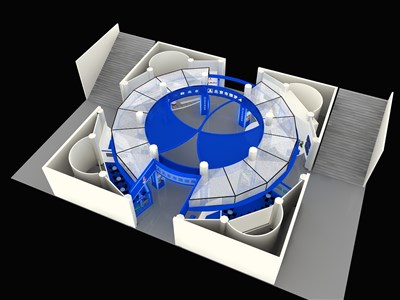 1024平米展臺(tái)設(shè)計(jì)制作：四面開(kāi)口/現(xiàn)代/型材結(jié)構(gòu)/白色，為旅游展展商而作（免費(fèi)使用）