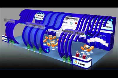 128平米展臺設(shè)計(jì)制作：三面開口/現(xiàn)代/木質(zhì)結(jié)構(gòu)/藍(lán)色，為建材展展商而作（免費(fèi)使用）