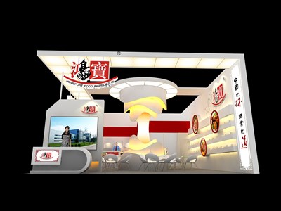 88平米展臺設(shè)計制作：二面開口/現(xiàn)代/木質(zhì)結(jié)構(gòu)/米色，為食品展展商而作（免費使用）