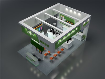 54平米展臺設計制作：三面開口/現(xiàn)代/木質結構/綠色，為電子展展商而作（免費使用）